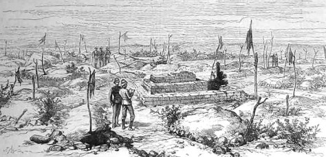 „Gleich hinter den Haufen, in Richtung El Teb, war ein flacher Hügel, gekrönt von hunderten kleiner Stöcke, an denen kleine Stoffstreifen in verschiedenen Farben im Wind wehten. Zunächst dachte man, dass es sich um Fahnen des Feindes handelte, die ihre Stellung markieren sollten; das taten sie auch tatsächlich, allerdings markierten sie die Position von 100 gefallenen Arabern, die in der ersten Schlacht von El Teb ihr Leben gelassen hatten. Die Praxis, einen Steinhaufen über den Toten aufzuschichten, diesen mit weißen Quarzkieseln oder ungewöhnlich geformten Steinen zu schmücken und mit einem Fahnenstock zu markieren, war im Sudan sehr verbreitet.“ (Bennet Burleigh)